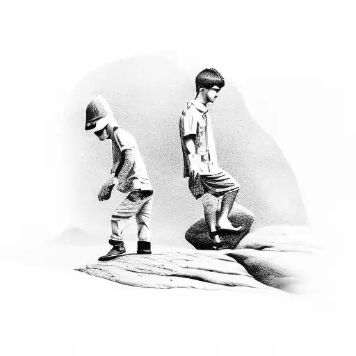 Dad With Son Walking On Masive Rock