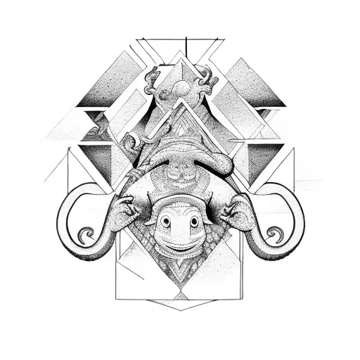 A Lizard And Monkey In A Stylized Geometric Landscape With Visual Art Elements