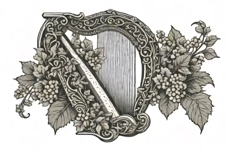 Triangle Shaped Irish Harp With Grapevine Leafs Growing