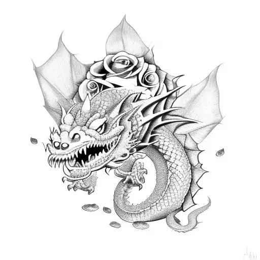 Dragon Com Rosas E Flores