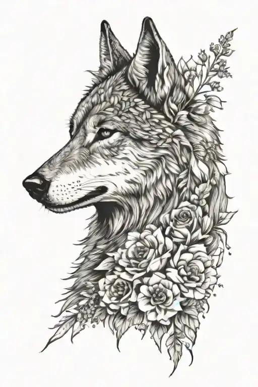 Howling She Wolf Head With Flowers