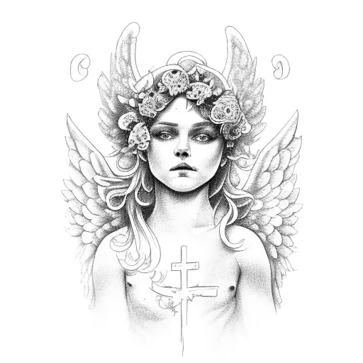 Cherub Angel With Vines Flowers And Crosses