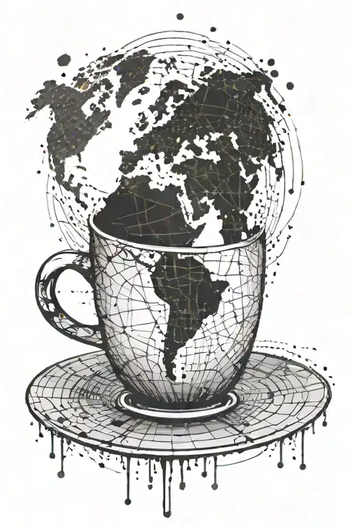 An Abstract Painting Of A Coffee Cup With A World Map Background