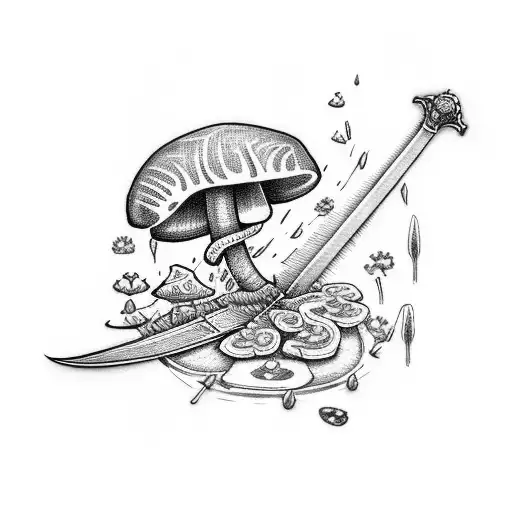 Sword With A Monstera Wrapped Around It And Mushrooms Coming Out Of The Hilt