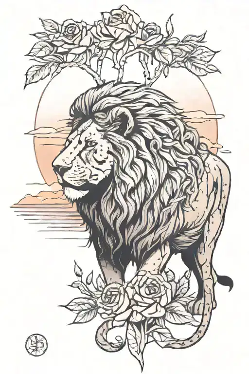 Lion Standing Rose Eucalyptus Leaves Sunset Over Lake