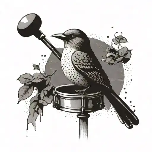 Create A Tattoo Of A Singing Bird Perched On A Drumstick