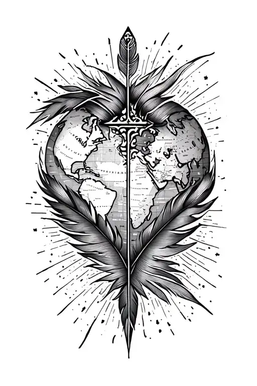 Feather Cross World Map Travel Themed Tattoo Arrow