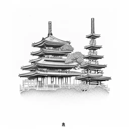 Abstract Interpretation Of A Japanese Temple With Clouds And Blossoms