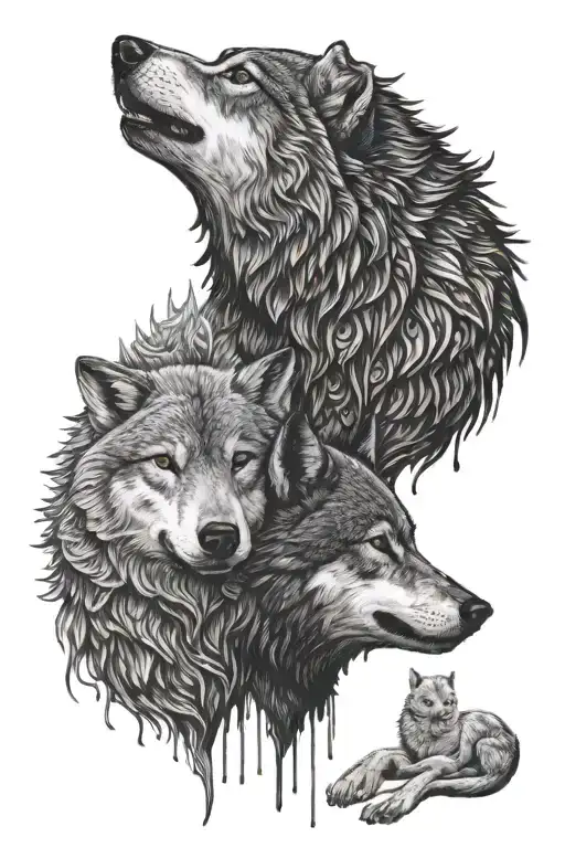 Two Wolves One Black And The Second White Woodcut Draw