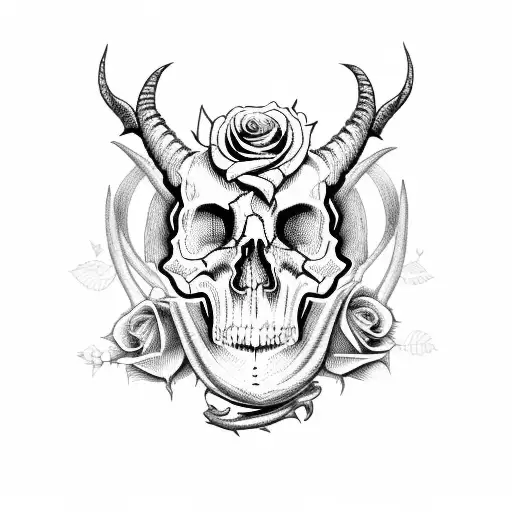 The Skull Of A Satanic Goat With Roses Hanging On Its Horns