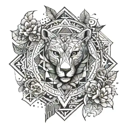 A Geometric Design Incorporating Elements Of Money And Animals In A Symmetrical Pattern