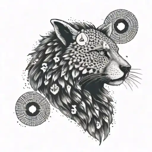 A Dotwork Tattoo Of A Manga-style Animal With Money Symbols Integrated Into Its Fur