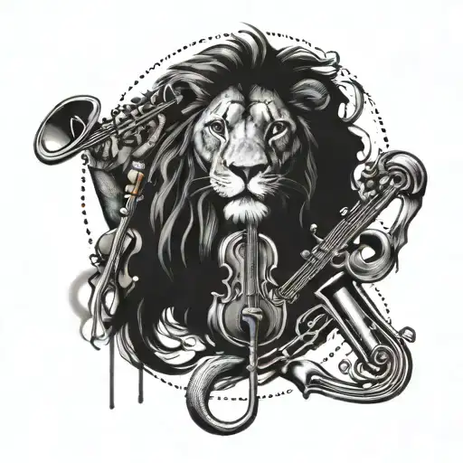 A Dotwork Tattoo Of A Leo Zodiac Symbol Intertwined With Musical Notes And Instruments