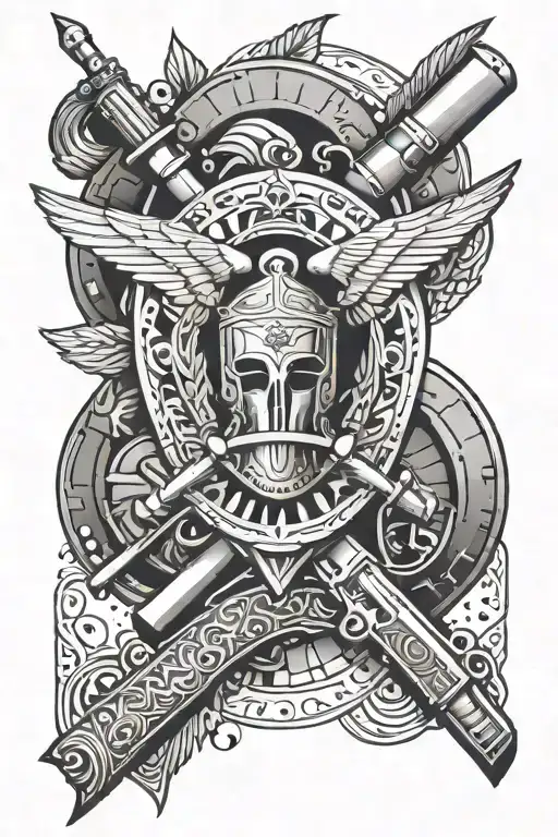 A Geometric Design Incorporating Elements Of Greek Military Insignia And Modern Weapons