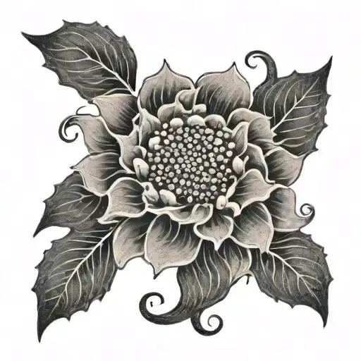 A Dotwork Design Featuring A Floral Pattern Merging With Ocean Waves