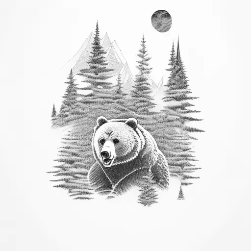 A Bear And A Viking Ship Sailing Through A Sea Of Pine Trees And Mountains