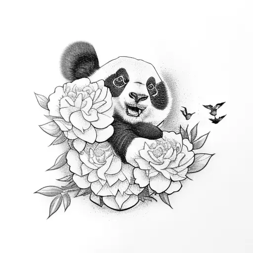 Panda Bear Holding Carnations With Hummingbirds Flying Around