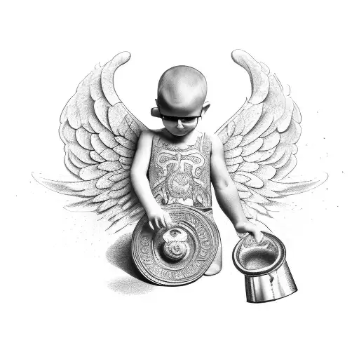 A Little Angel Pouring A Seal Holding It On His Shoulder
