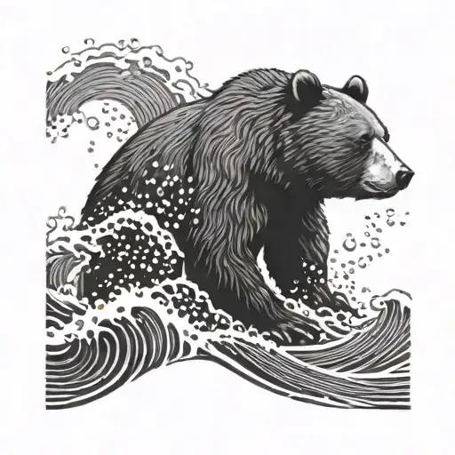 Bear Falling And Sinking In Water Waves Japanese Style