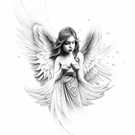 Angel With Doves And Clouds Shedding Light Stripes For Name And Birthdate