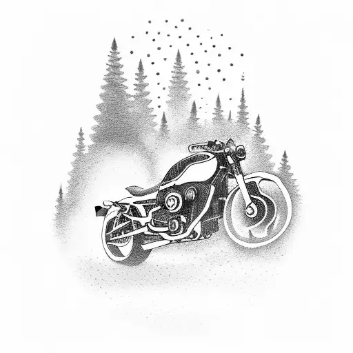 Create A Dotwork Tattoo Of A Motorcycle Speeding Through A Dark Forest At Night