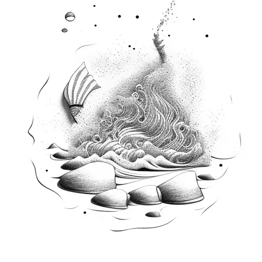 A Surreal Beach Scene With Smoking Incense Sticks And Waves In The Background