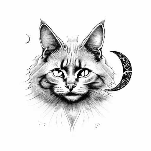 Full Body Long Haired Black Cat With Moon