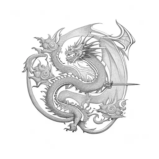 Dragon Wrapped Around Sword With Flowers