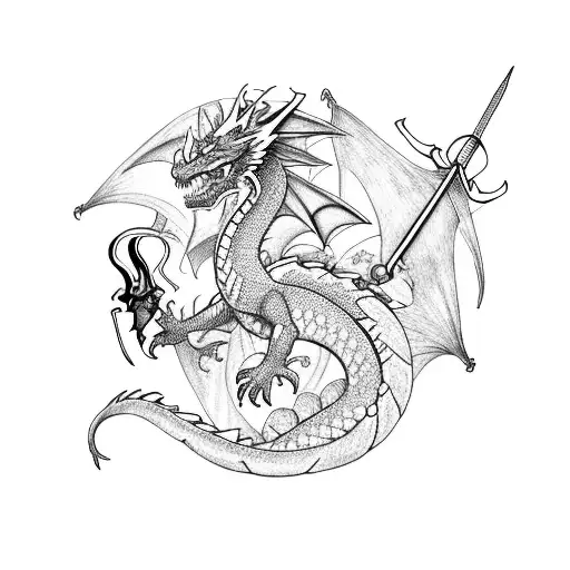 Dragon Around Sword With Flowers