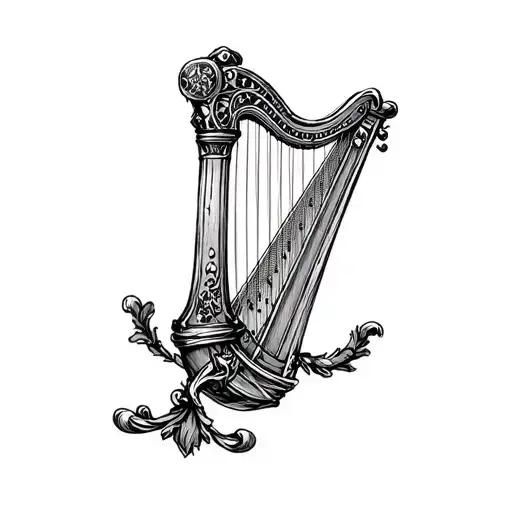 Black And White Tattoo Sketch Of A Steampunk Irish Harp