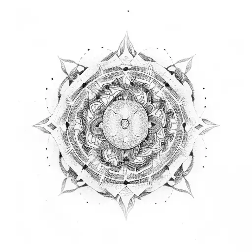 A Dotwork Mandala Featuring Elements Of Japanese Architecture And Nature