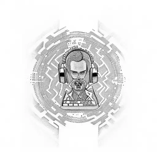 A Sleeve Tattoo Featuring A Mix Of Dj Music Art And Keith Haring Characters