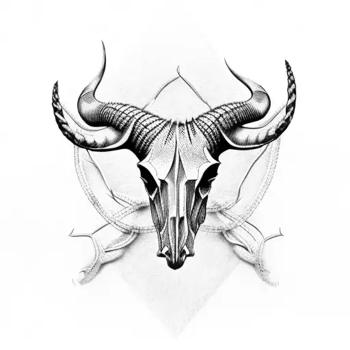 A Dotwork Design Of A Long Horn Skull Intertwined With Barbed Wire Fencing