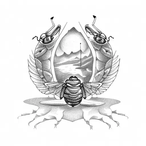 A Tattoo Illustration Of A Father Protecting His Child With A Scarab Beetle As A Guardian Symbol