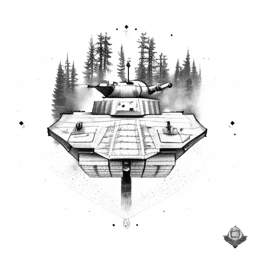 A Wooden Tank With Russian Military Symbols Driving Through A Forest Of Orphanage Trees