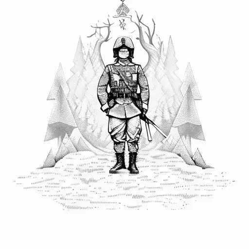 A Soldier In Military Uniform Standing Guard In A Mystical Forest With Russian Cyrillic Script