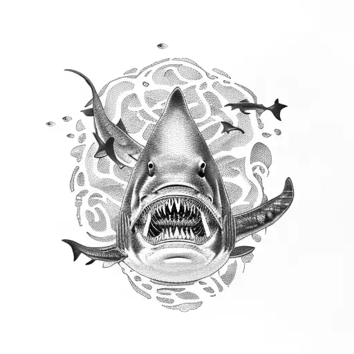 An Intricate Dotwork Tattoo Of A Shark Swimming Through A School Of Fish In A Deep Sea Dive Scene
