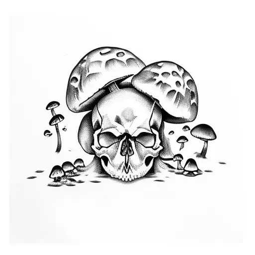 Skull With Mushrooms Coming Out Of It And Frog On Top
