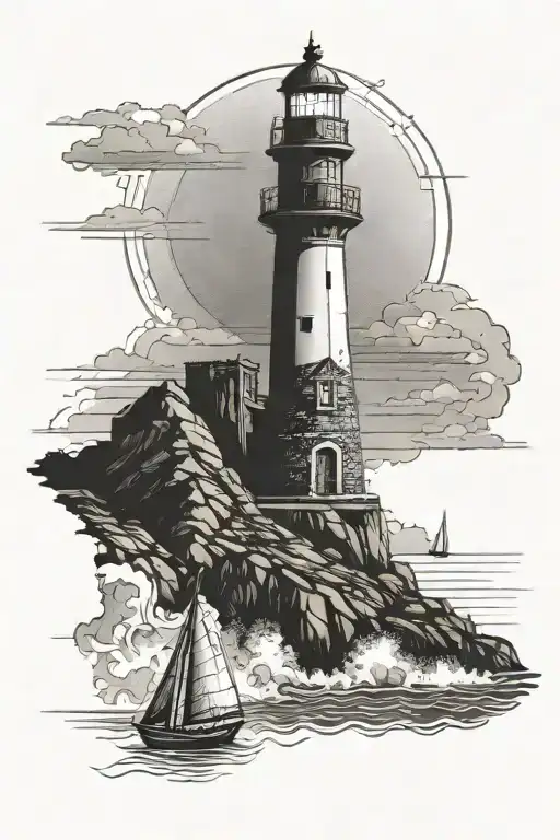 Lighthouse At A Cliff Overlooking Sail Boat