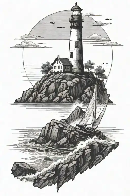 Lighthouse At A Rocky Shore Sail Boat Sailing