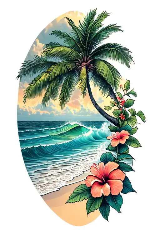 Beach With Palm Tree And Ocean Waves Crashing With Hibiscus Vine On The Right Side