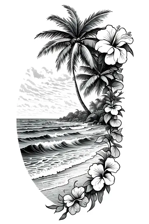 Island Beach With Palm And Ocean Waves Crashing With Hibiscus Vine On The Right Side