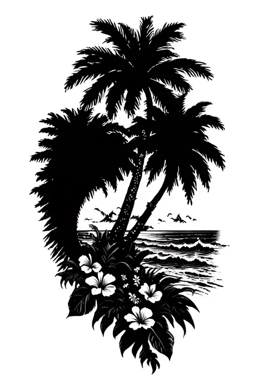 Island Beach With Palm And Ocean Waves Crashing With Hibiscus Vine