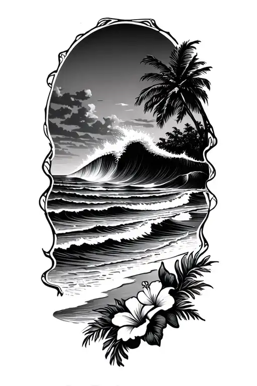 Ocean Waves Crashing On Beach With Palm And Hibiscus Vine On Bottom Right