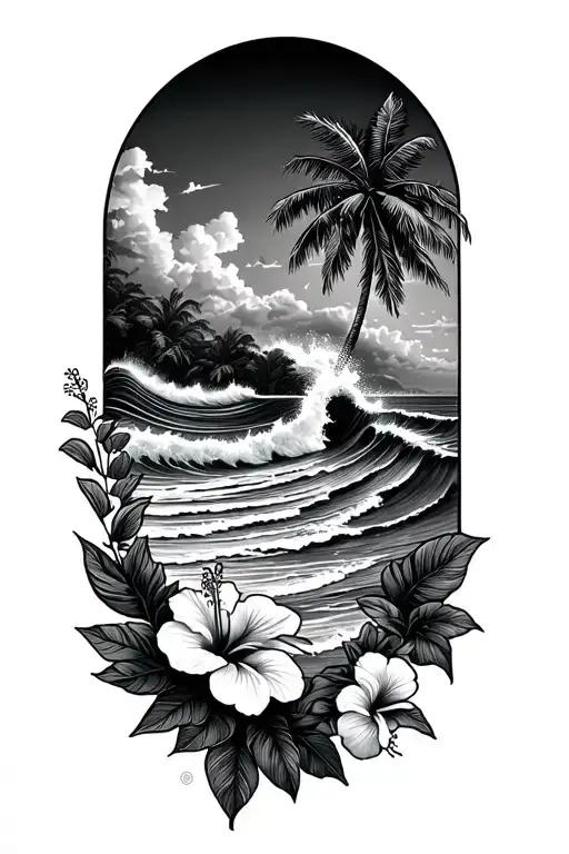 Ocean Waves Crashing On Beach With Palm On The Left And Hibiscus Vine On Bottom Right