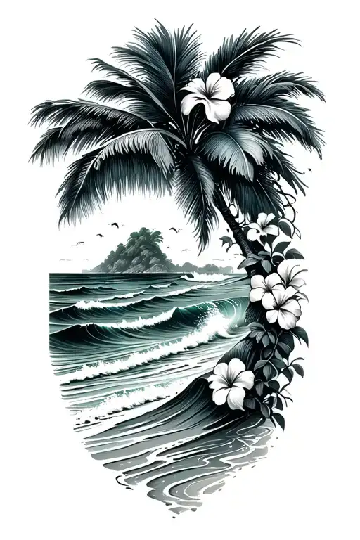 Ocean Waves On Beach With Palm And Hibiscus Vine On Right