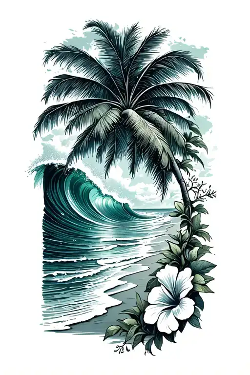 Ocean Waves Crashing On Beach With Palm And With Hibiscus Vine On Right