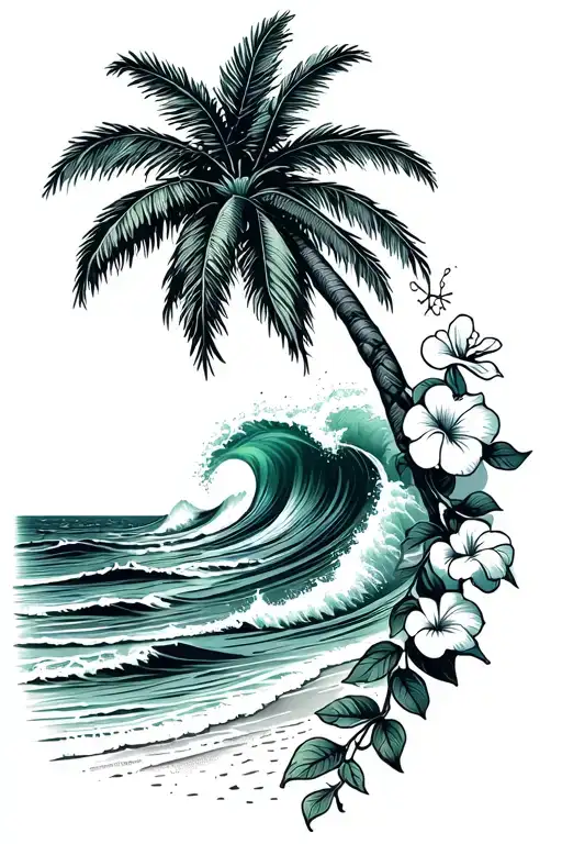 Ocean Waves Crashing On Beach With Palm And With Hibiscus Vine On Right