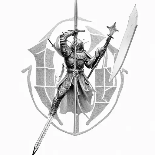 Crusader Holding Sword With The God Of Neptune Over Him