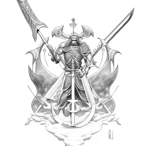 Crusador With Sword And God Of Seas Neptune Looking Over Him With Trident